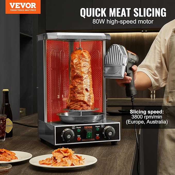 VEVOR Electric Shawarma Knife, 80W Professional Turkish Kebab Knife, Commercial Stainless Steel Gyro Cutter, Doner Kebab Meat Slicer with 2 Blades, Φ4/100mm Blade Diameter, 0-8mm Adjustable Thickness