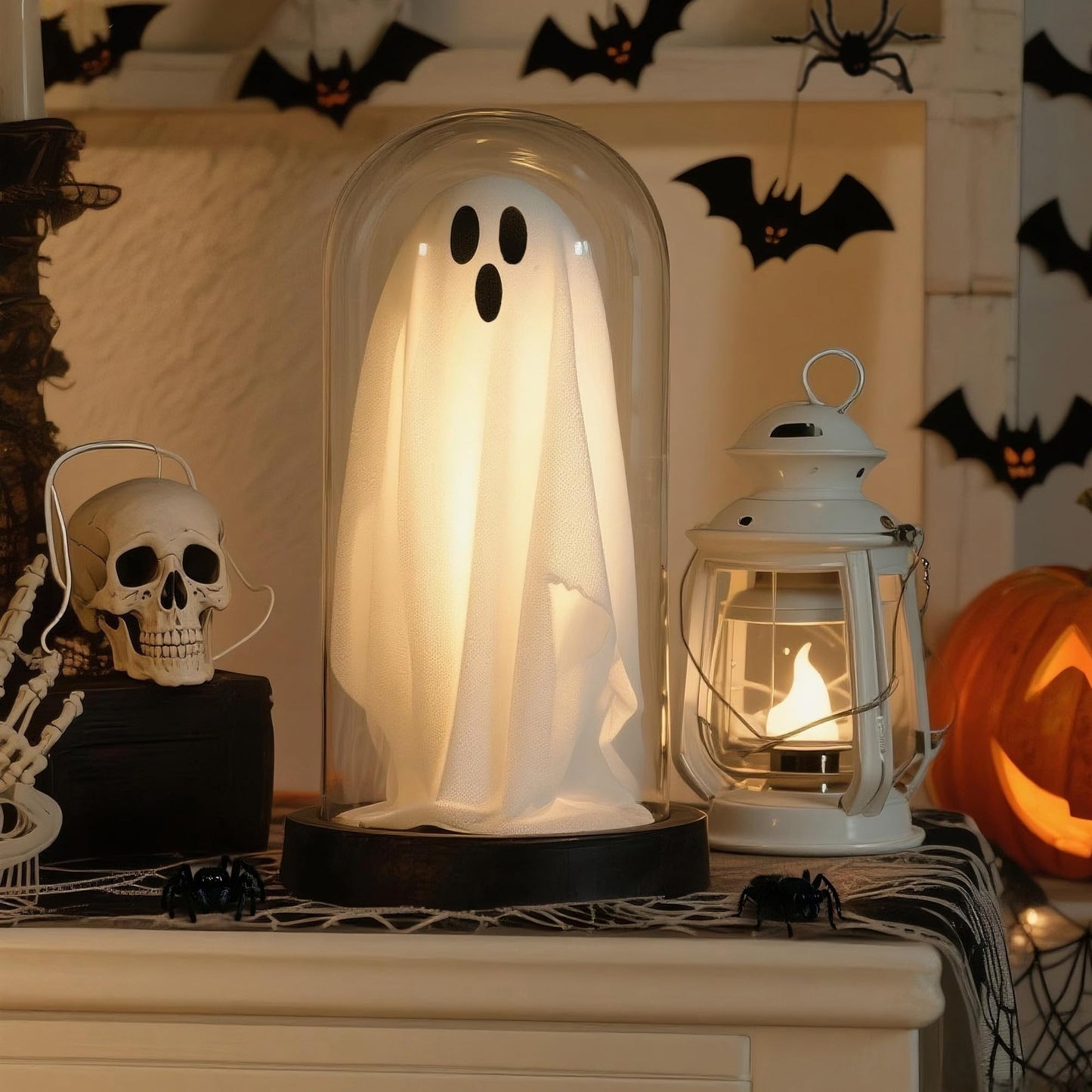 Sladpoem Light Up Ghost In Removable Glass Dome  Cute White Spirit Decoration For Winter Tabletop  Cozy Home Accent  Holiday Night Light For Mantel  Bedroom Or Office Decor