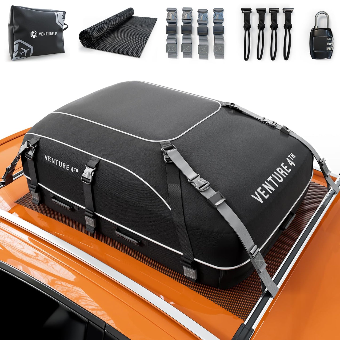 VENTURE 4TH Car Rooftop Cargo Carrier – 21 Cubic Feet Waterproof Roof Bag with 10 Heavy-Duty Compression & Tie-Down Straps, Anti-Slip Mat & Door Hooks – Fits Cars with or Without Roof Rack