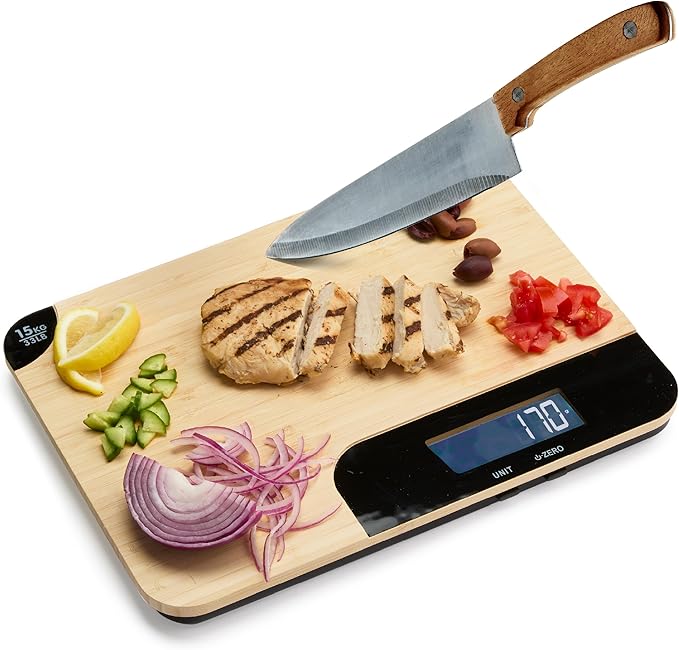 Sharper Image Bamboo Cutting Board & Digital Food Scale, 33 lb Capacity, Measures Grams & Ounces, Multi-Functional for Foo...