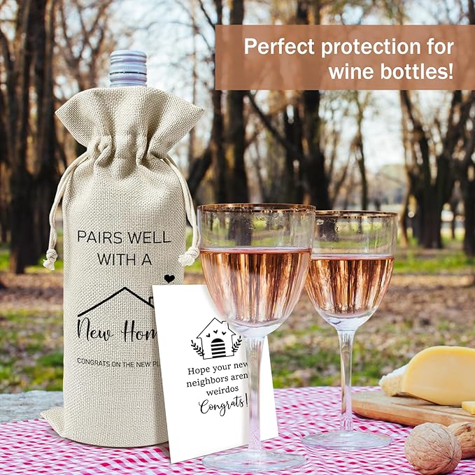 Housewarming Wine Gift Bags & Card, First New Home House Gifts for Women Men Wife Husband Friend Home Owner, 1 pcs Reusable Burlap Wine Gift Bags for Wine Bottles, Housewarming Party Decor Favor -34