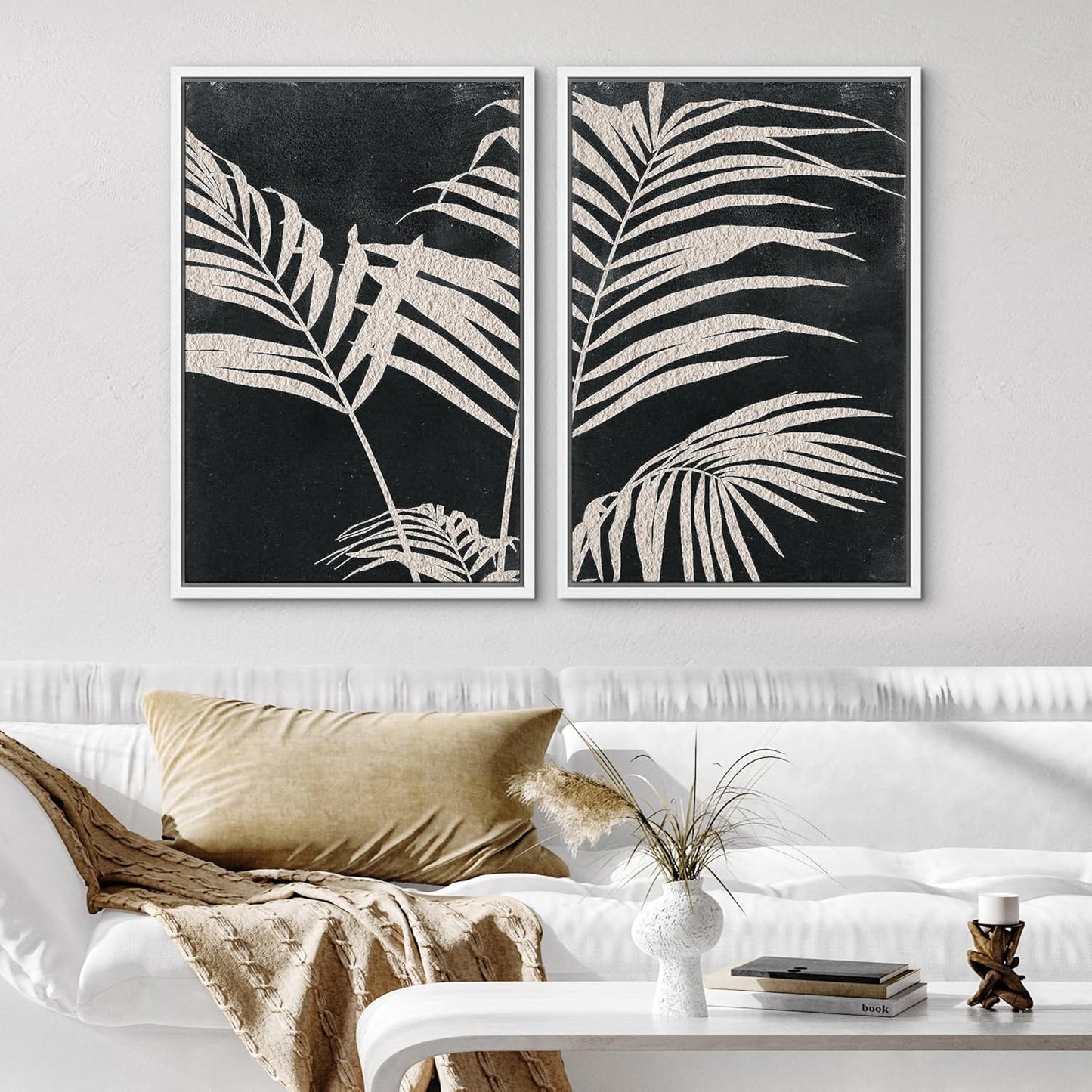 SIGNWIN Framed Canvas Print Wall Art Palm Leaf Print, Minimalist Wall Art, Black White Wall Art Prints for Living Room, Bedroom, Office - 24"x36"x2 White