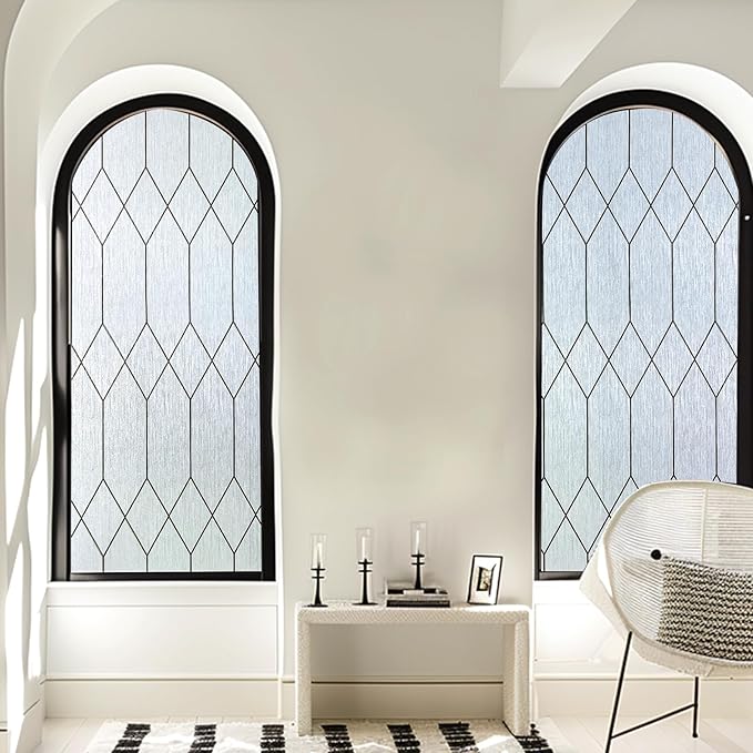 Windimiley Window Privacy Film Stained Glass Static Clings, Bathroom Frosted Leaded Decorative Window Stickers, UV Heat Blocking Opaque Removable for Home Door Coverings (35.4 x 157.5in,Rain)