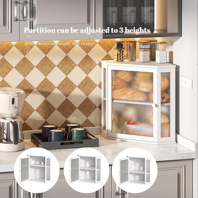 Corner Bread Box Kitchen Countertop Extra Large Capacity Farmhouse Bread Box, Corner Countertop Storage, Double Layer Bread Holder (White, Extra Large)