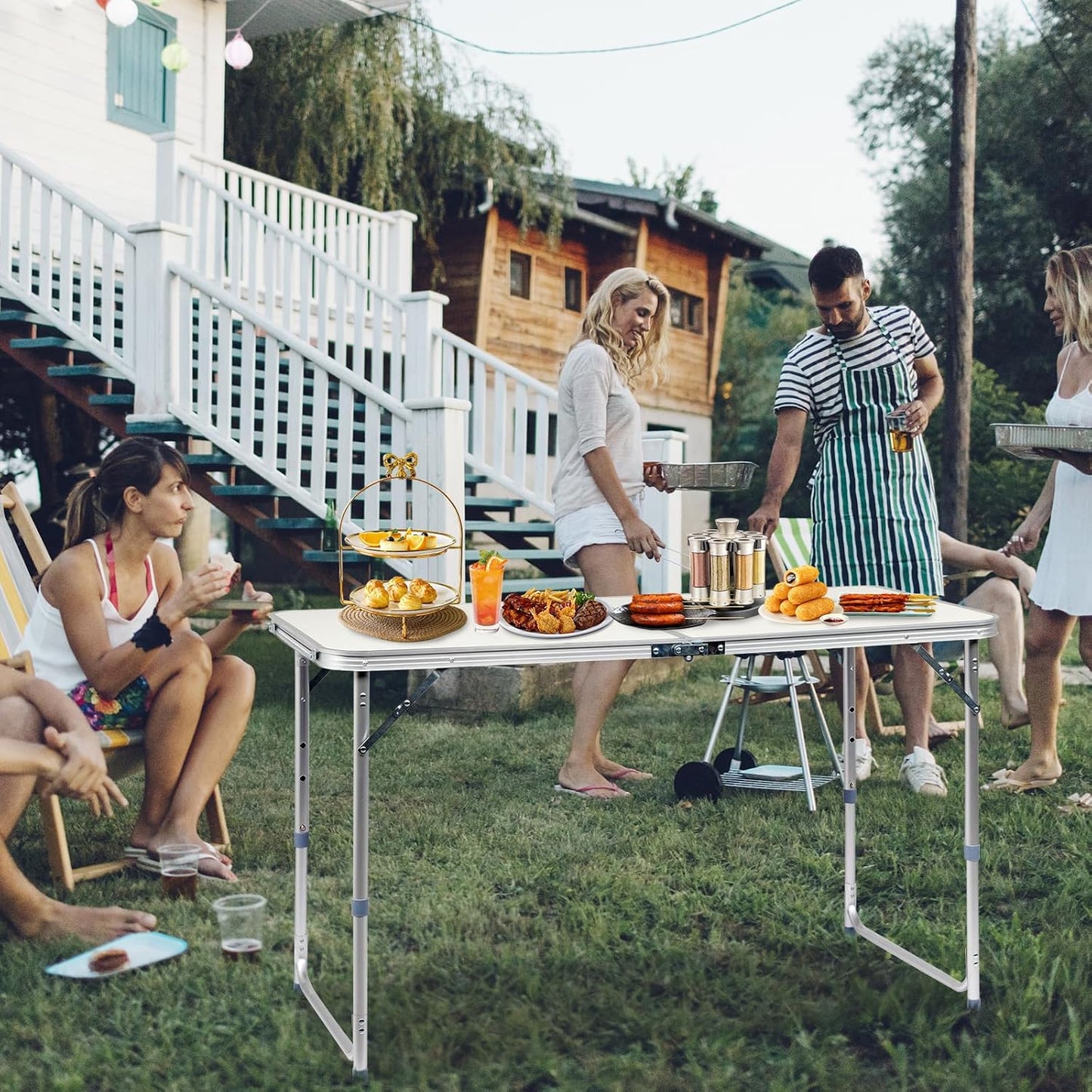 3.0 Ft Folding Portable Camping Table with Adjustable Height Aluminum Legs for Kitchen, BBQ, Dining, Picnic, Cooking, Beach, Garden, Party, Traval, Party, 4-6 People
