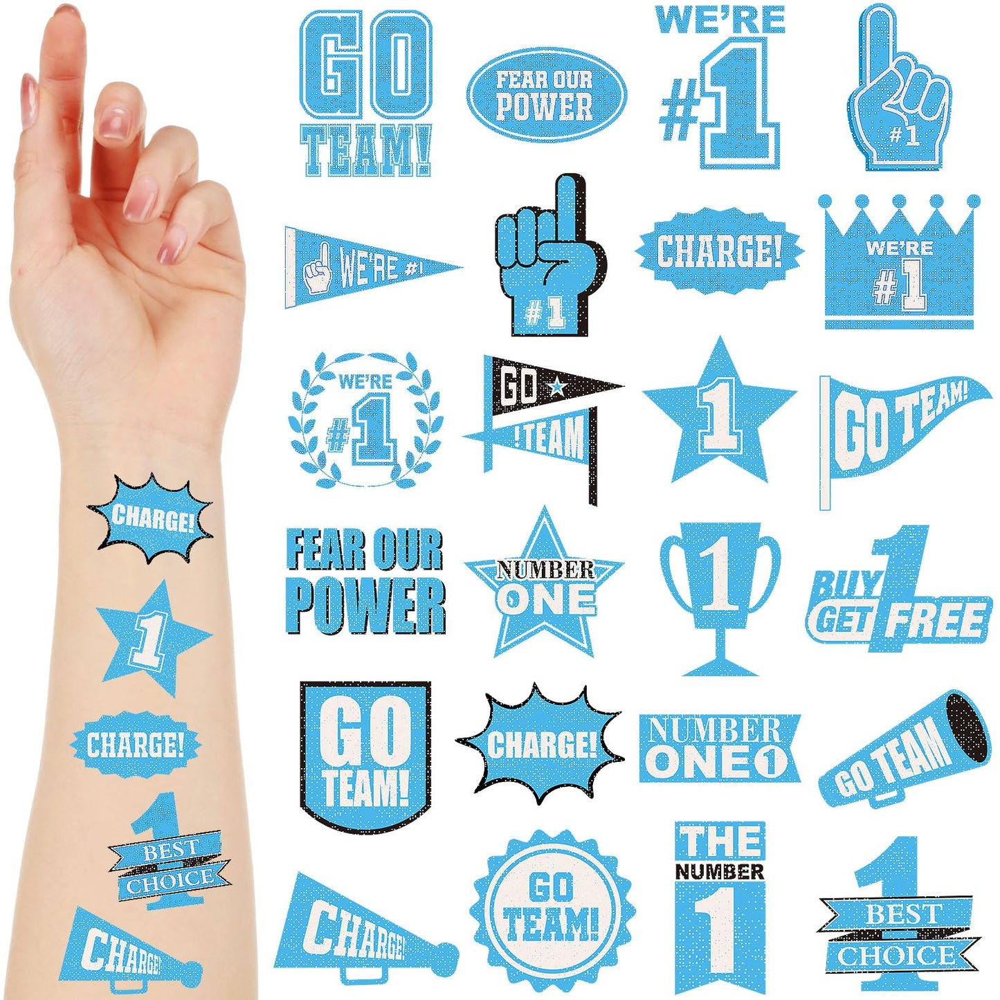 Landhoow 240 Pcs Light Blue Team Spirit Tattoos Temporary Glitter Go Team Tattoos Football Temporary Stickers Party Costume Acce