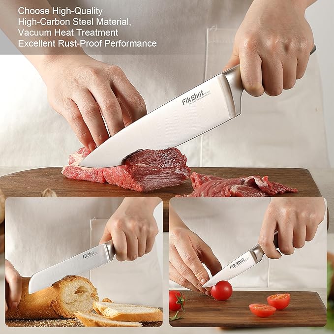 Knife Block Set, Kitchen Knife Sets with Block, FIKSHOT Knives Set - Razor-Sharp Santoku Knives, Fruit and Kitchen Sets - Rust Resistant for Homecooks (Silver + Walnut)