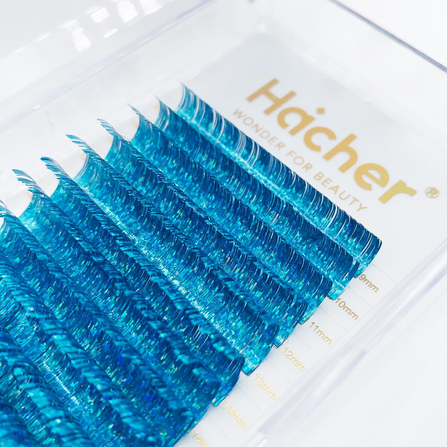 HAICHER Holographic Lash Tinsel, Colored Lash Extensions CC Curl 9-18mm Mixed Lash Trays (Blue, Volume)