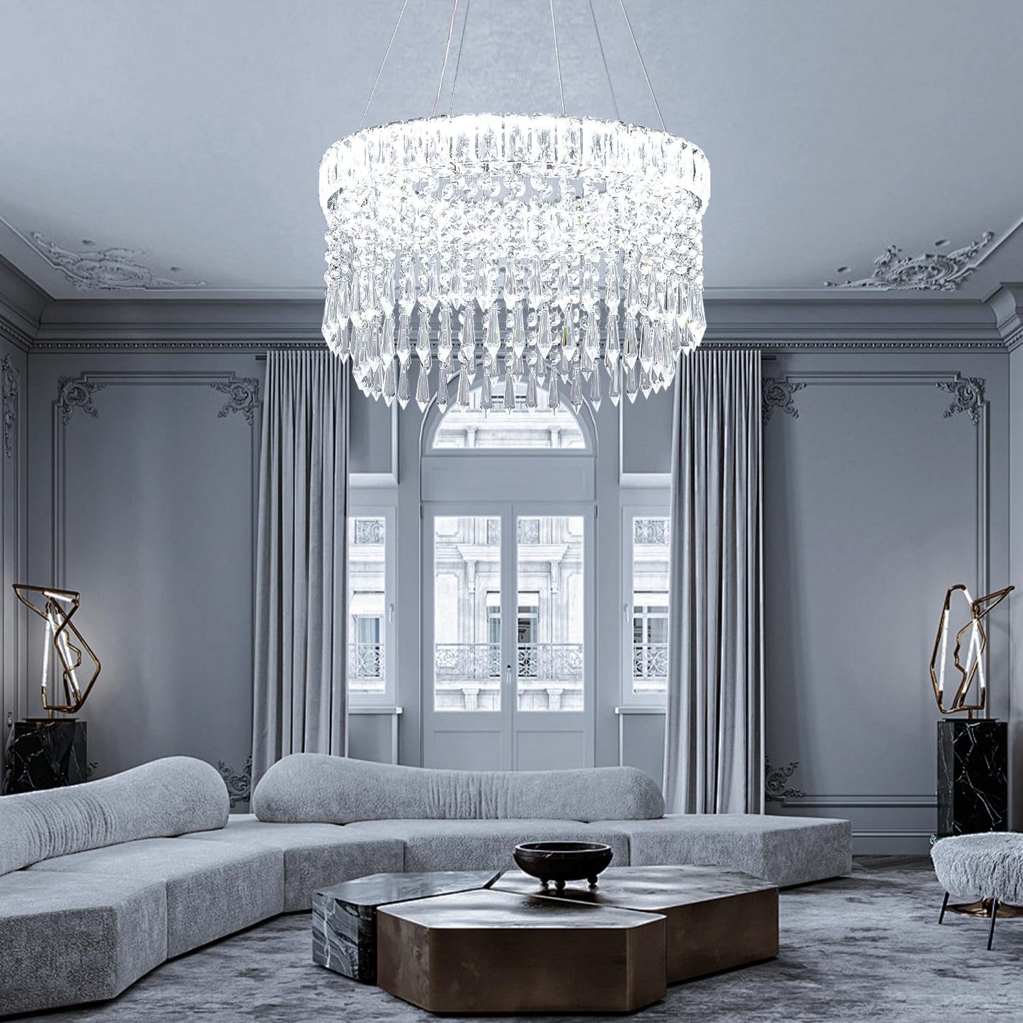 Cainjiazh Modern Crystal Chandelier Light Fixtures stylish Chandeliers Pendant Light Fixtures 16  Round Flush Mount Chandeliers Ceiling Lighting For Living Room Dining Room Bedroom White