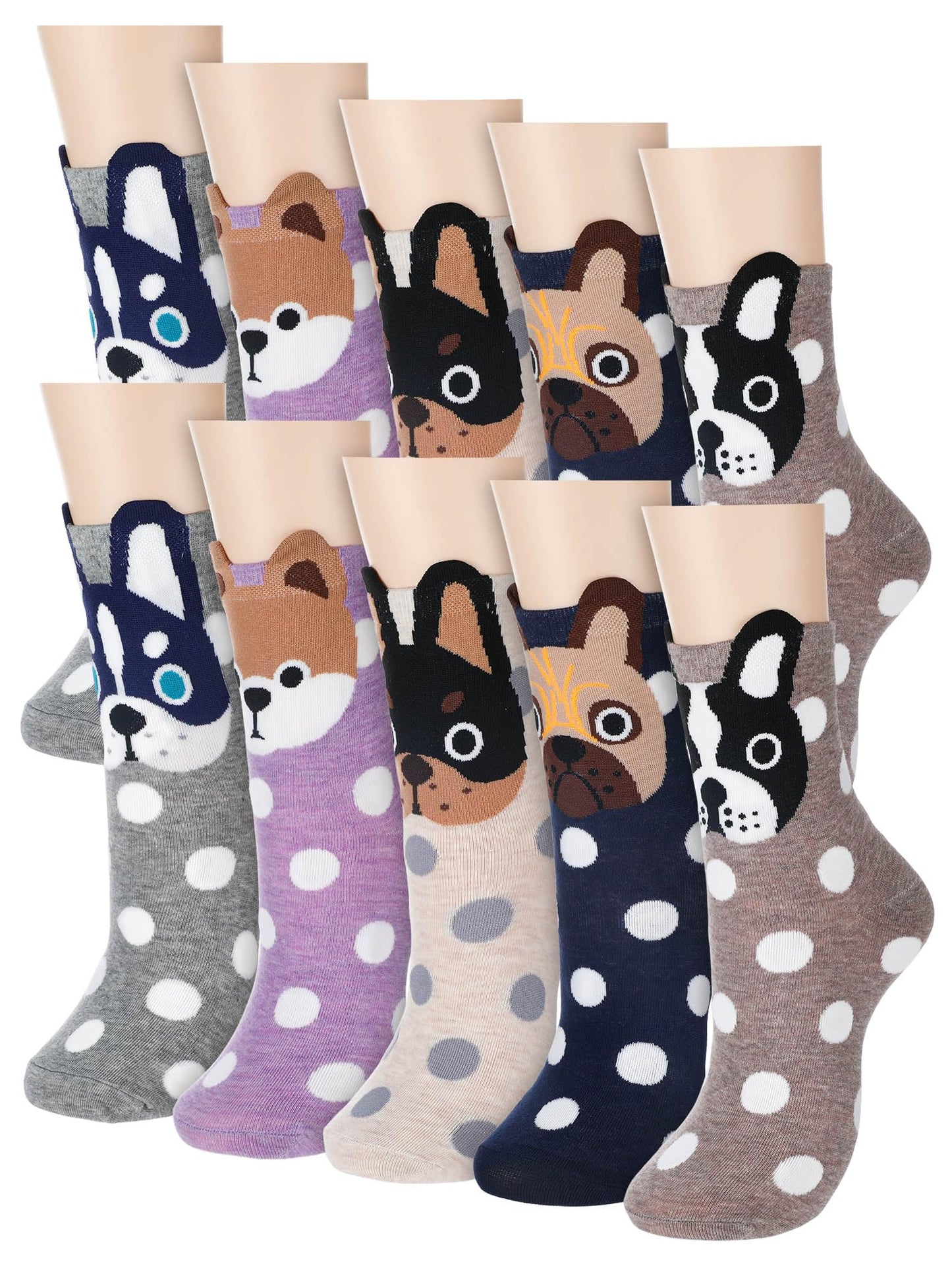 Fourluoo 5 Pairs Women Cat Socks Cute Cozy Funny Animal Patterned Fun Ankle Sock Novelty Dog Socks for Women Gift(Muted Tones,Spot Dog)