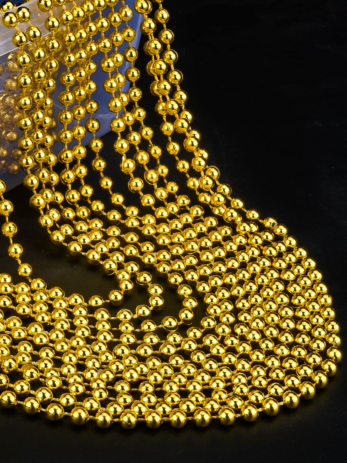 32 PCS 7mm Mardi Gras Bead Gold Faux Pearl Beads Necklaces Bulk Party Favor Plastic Play Pearl for 32 Carnival Necklaces Christm