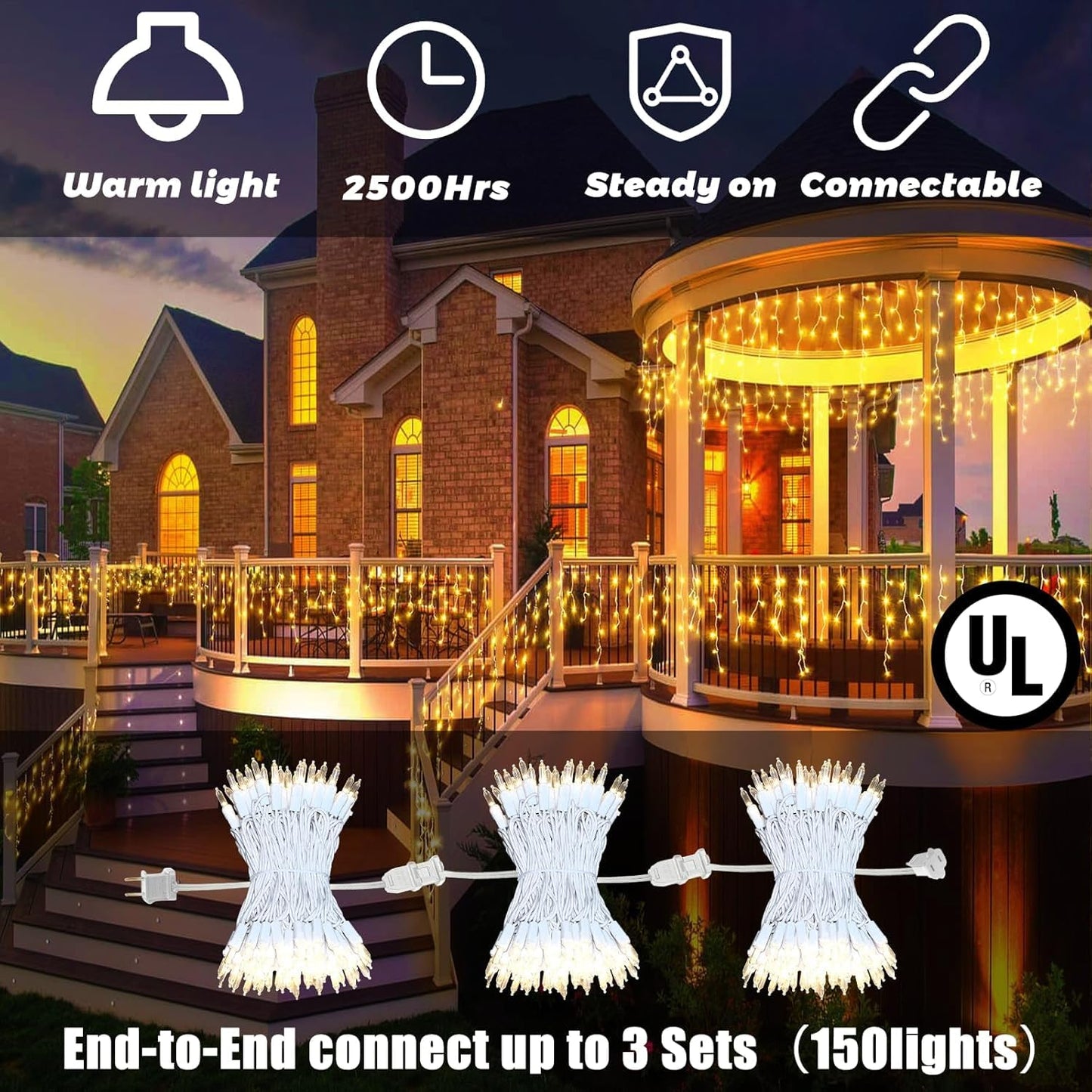 8.5 Ft 150 Icicle Lights Christmas String Lights Warmwhite Christmas Decorations Plug In Waterproof Outdoor Indoor Decor For Xmas  Thanksgiving Day  Party  Patio  Courtyard  Window  Fence Decor