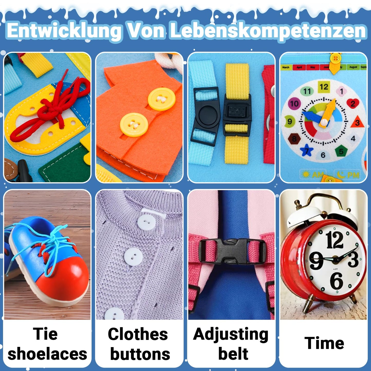 MEGRANATE Montessori Busy Board, Baby Busy Book Educational Learning Toys for Toddlers Quiet Book Activity Books Buckle Toy Fine Motor Skills Toys for 1 2 3 4 5 Year Old Kids (Blue)