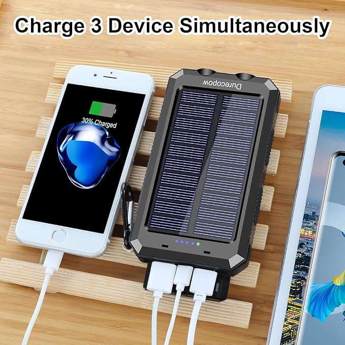 Solar Charger Power Bank, 20000mAh Portable Outdoor Waterproof Solar Battery Charger, Camping External Backup Battery Pack USB C Ports Input/Output, 2 Led Light Flashlight with Compass (Black)