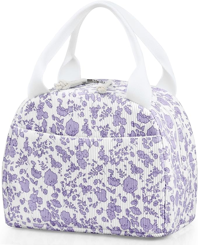 Lunch Bag - Insulated Lunch Box for Women, Reusable Large Capacity Cooler Bag for Adult, Small Leakproof Cute Corduroy Lunch Tote for Work Office Travel Picnic (Corduroy Purple-Flower)