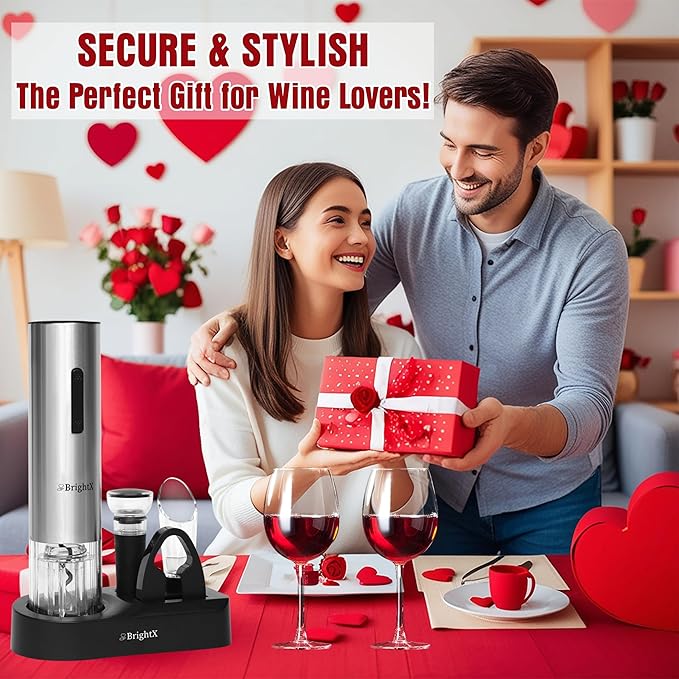 BRIGHTX Premium Electric Wine Bottle Opener Gift Set – Rechargeable Cork Screw with Foil Cutter & Charging Base – Automatic Cork Remover, Wine Accessories Kit | Best Wine Gifts for Wine Lovers, Women