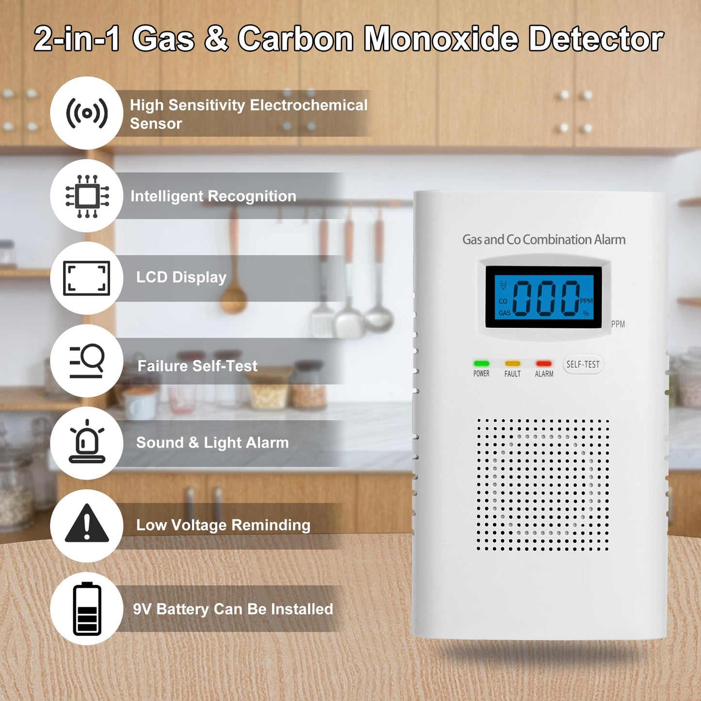 Combination Gas & Carbon Monoxide Detectors - Plug in Carbon Monoxide Alarm & Natural Gas Detector for Home, 2-in-1 Co Detector & Combustible Gas Detector with Digital Display, Easy to Install