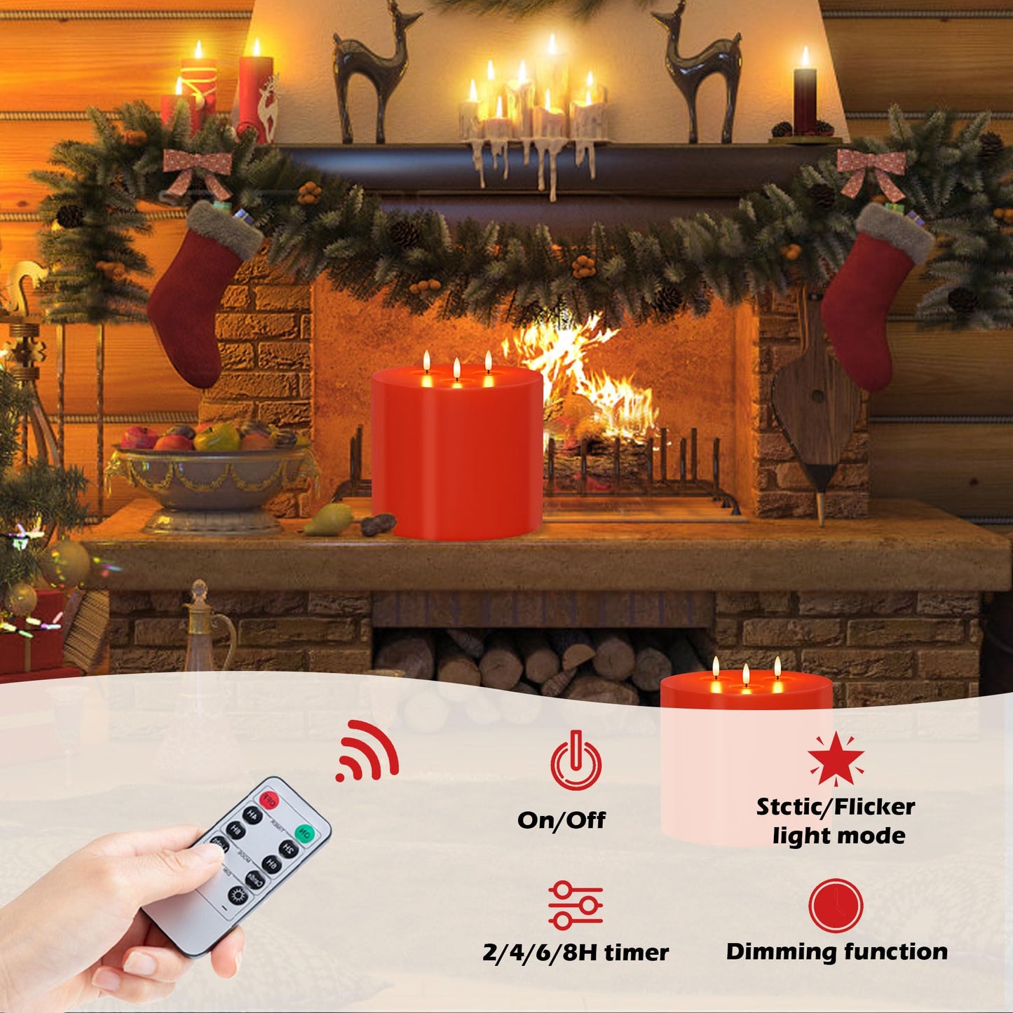AFINETH Extra Large Red Flameless Candles with Remote, 6"x6" Real Wax Christmas LED Candles with 3 Wicks, Battery Operated Flickering Fake Candle for Xmas, Home, Party Decor