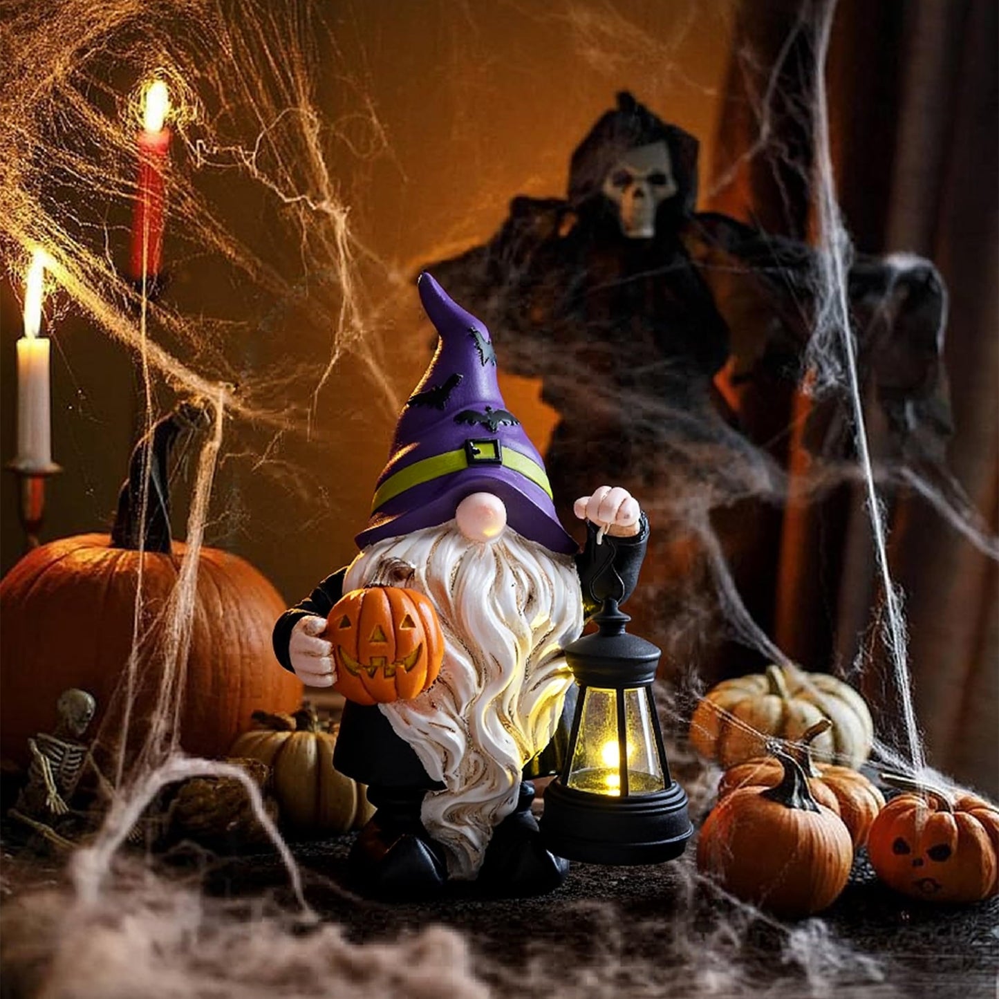 TeresaS Collections Halloween Decorations Garden Gnomes Statues With Solar Lights Cute Purple Bat Hat Resin Decor With Lantern For Home Table Outdoor Yard Pumpkin Jack-O-Lanterns Gifts For Party 8
