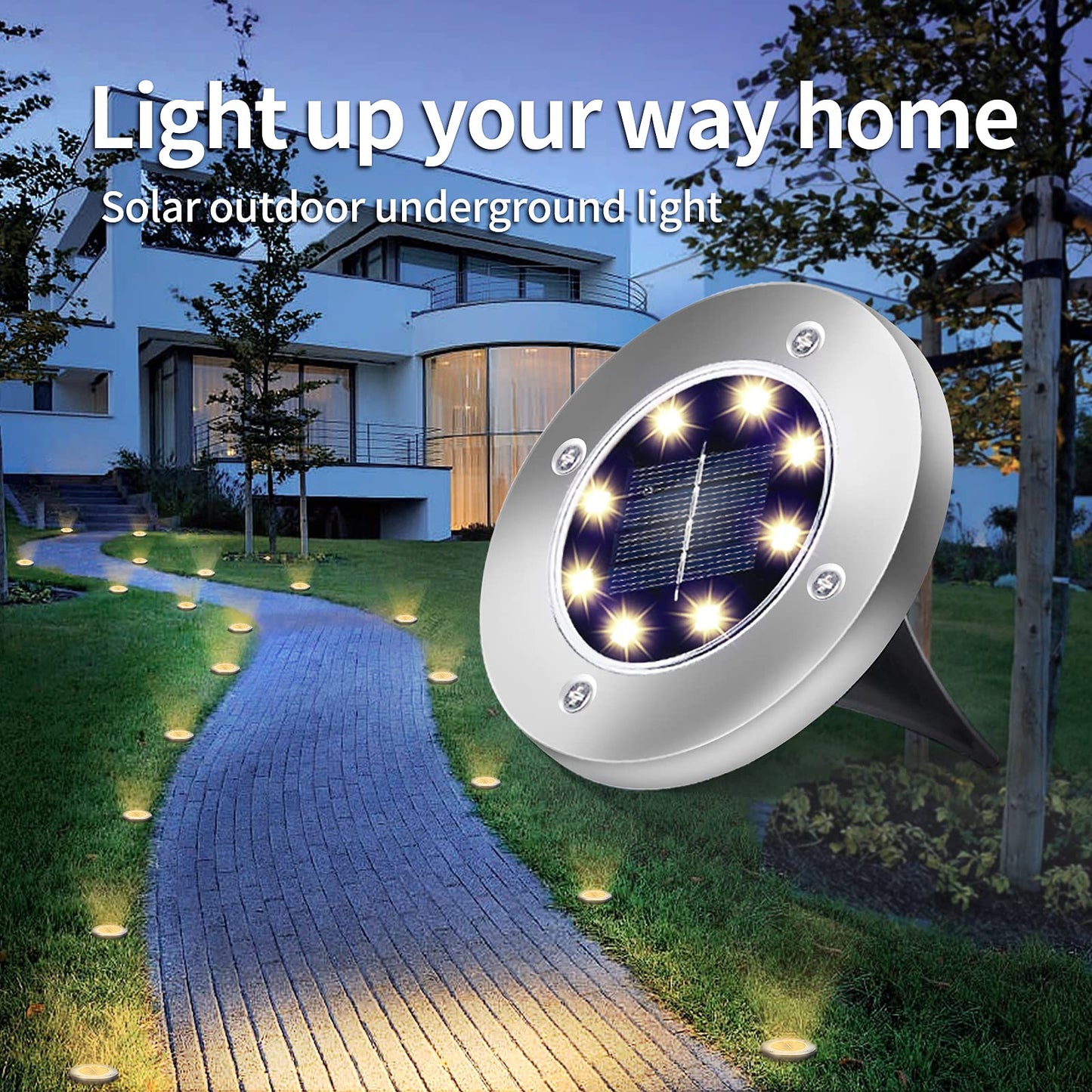 Aogist Solar Ground Lights, 12 Packs, 8 LED Waterproof Disk Lights, Stainless Steel, Warm White, Model DMD-1214