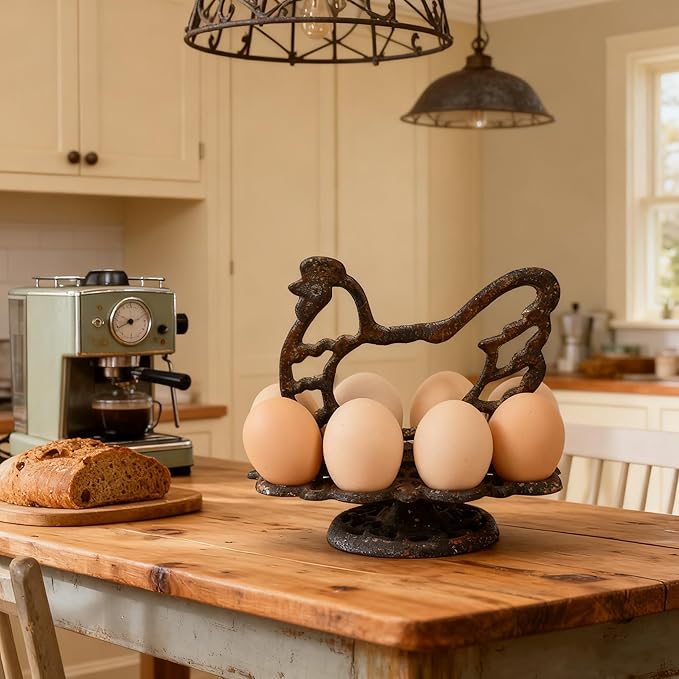 Vintage Cast Iron Chicken Egg Holder, Rustic Farmhouse Kitchen Decor Egg Tray, Heavy Duty Retro Decorative Table Display Stand for 8 Eggs (Antiqued Rusty)