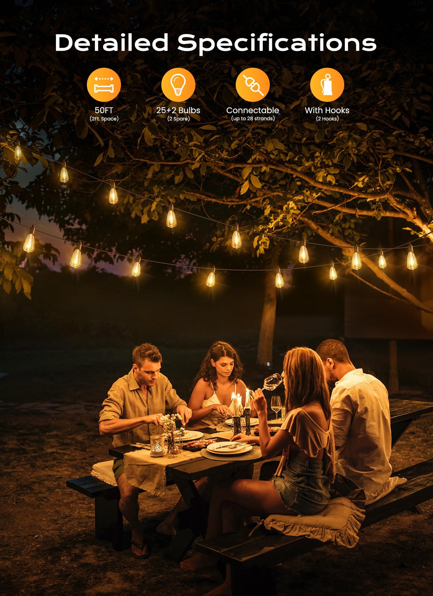 Brightown Outdoor String Lights, 50FT 25LED, Dimmable, Shatterproof, IP65 Waterproof, Black, Model GYPC-O25LAU