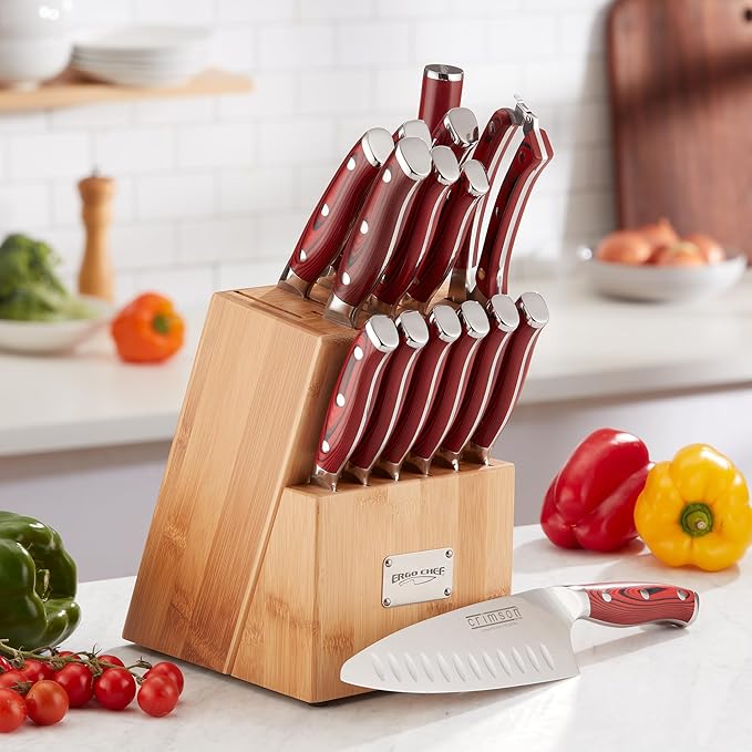 Ergo Chef Crimson Series Bamboo Block knife Set Forged High Carbon X50CrMoV15 German Stainless-Steel, Full Tang, G10 Handles (16pc. Block Set)