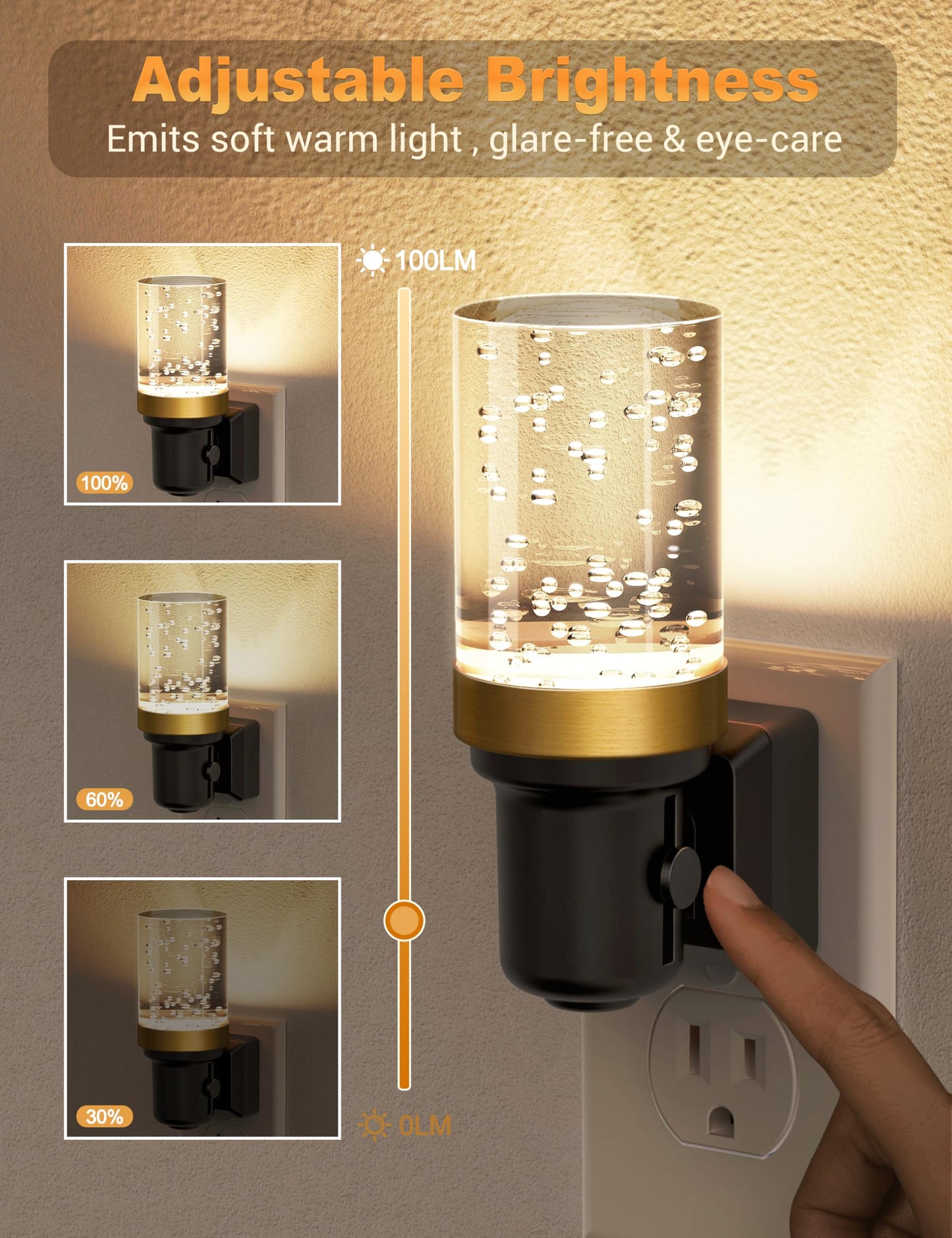 JandCase Dimmable Night Light, Auto On/Off Sensor, 3000K Warm White, 0-100LM, 2 Pack, Bubble - Warm, Model C-GY220