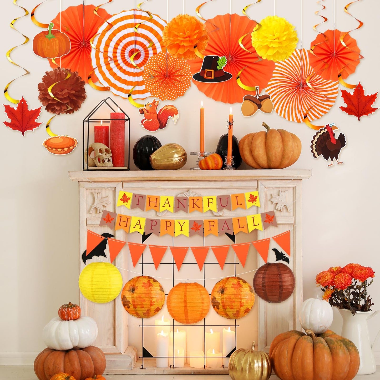 Motiskyy 28 Pcs Thanksgiving Party Decoration Include Thankful Happy Fall Banner Autumn Paper Lanterns Pom Pom Hanging Fans Bunting Garland Swirl Streamers For Thanksgiving Harvest