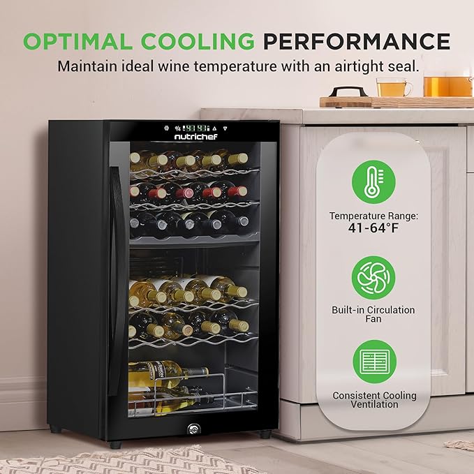 Nutrichef 33 Bottle Wine Fridge | Dual Zone Wine Cooler | Adjustable Temperature Control 41°F to 64°F | Ultra Quiet Operation | Freestanding Wine Chiller for Home & Office | 33x19x17 IN