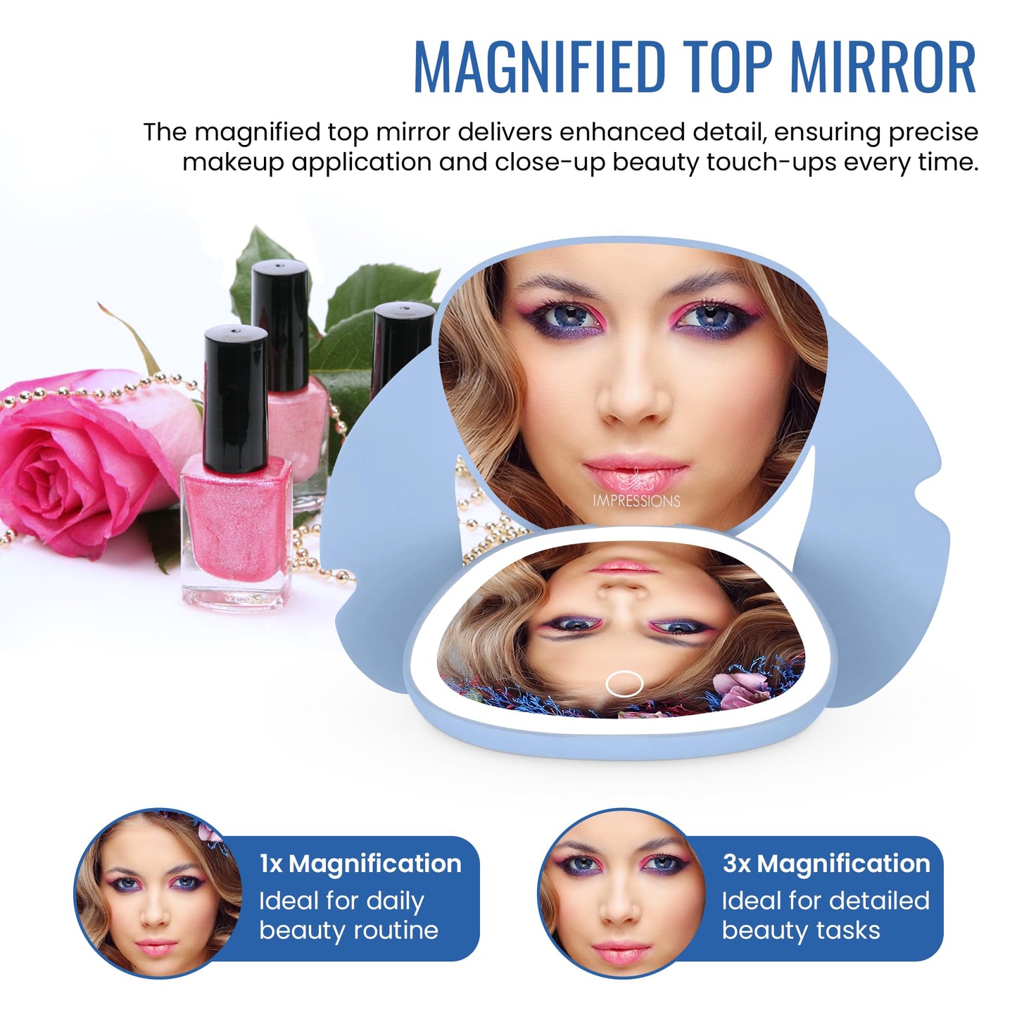 Impressions Vanity Stitch Ohana LED Compact Mirror with Lights, Lighted Travel Makeup Mirror with 3X Magnification, Adjustable B