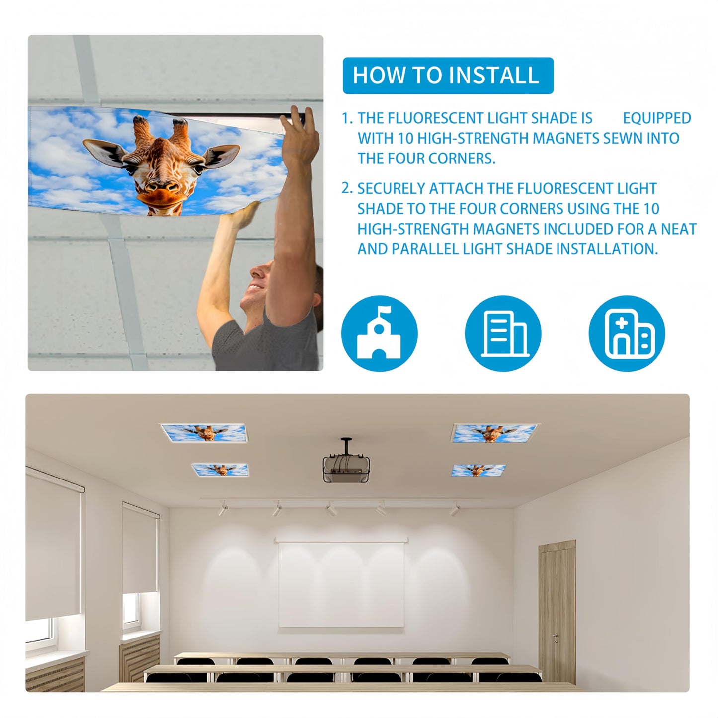 Scwisoas 4 Pack Fluorescent Light Covers For Ceiling Lights Classroom Office Magnetic Light Covers Light aroma units For Home Drop Ceiling Decoration 4 X 2 Feet Giraffe