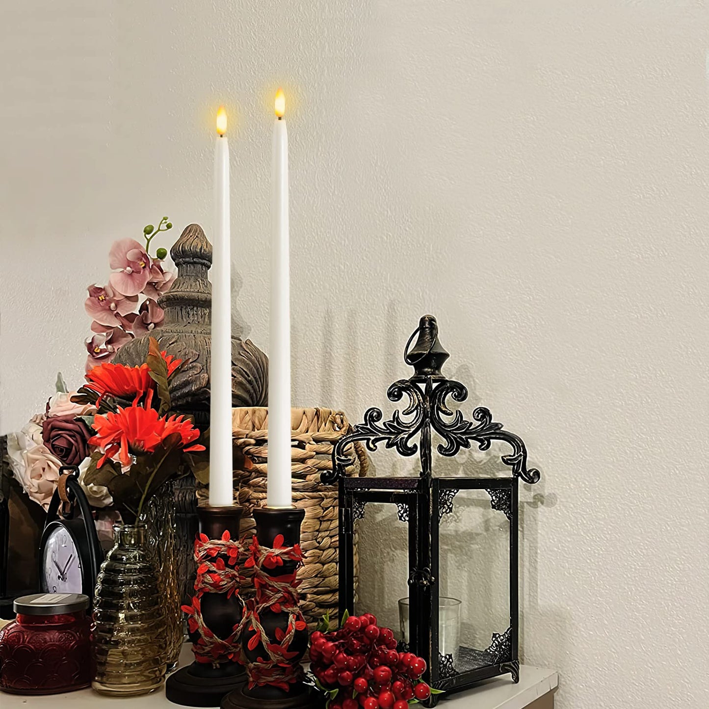 Homemory 15 inches Real Wax Flameless Taper Candles with Remote Timer, 6 Pcs White LED Taper Candles Battery Operated with 3D Flickering Flame, Window Candle Led Candlesticks for Dinners Home Decor
