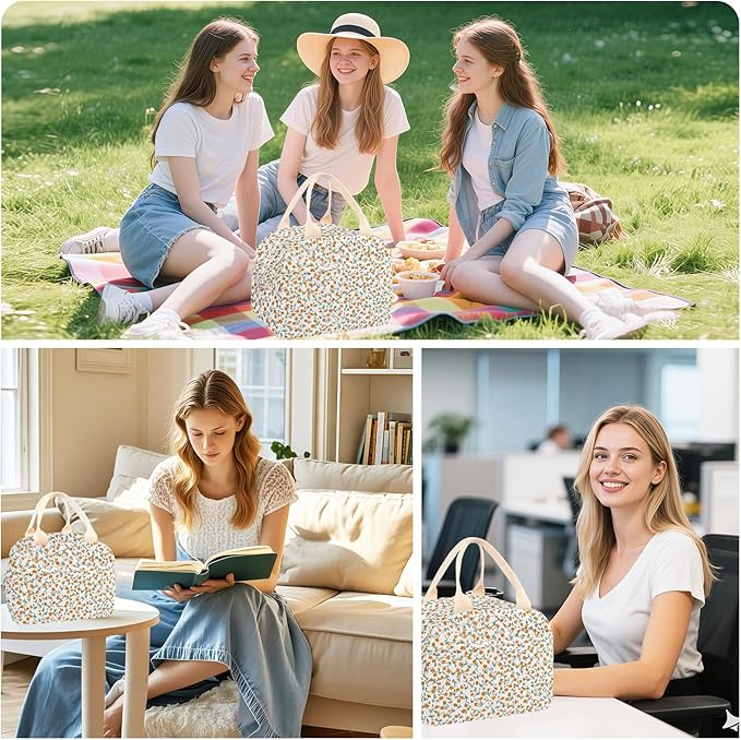 Cotton Quilted Insulated Lunch Bag, Cute Quilted Floral Lunch Tote Bags Reusable Insulated Lunch Box Coquette Aesthetic Large Capacity Insulated Cooler for Women Work Travel Picnic (Orange Flower)