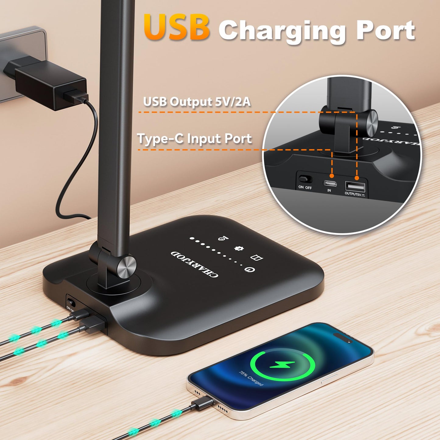 CHARYJOD LED Desk Lamp, Height Adjustable, Stepless Dimming, Aluminum, Black, Model JB007