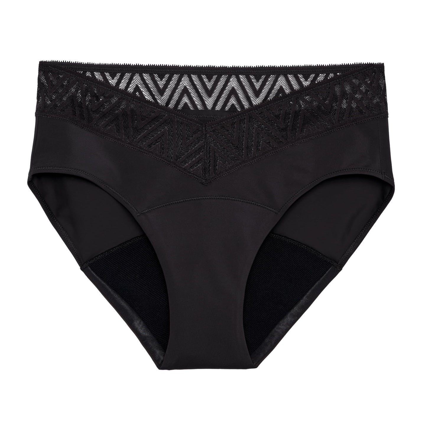 THINX Period Underwear, Comfort-Stretch Hip Huggers, Holds Up to Regular 12 Tampons*, Period Panties, Menstrual Underwear for Women, Leakproof & Reusable, Black with Lace, M