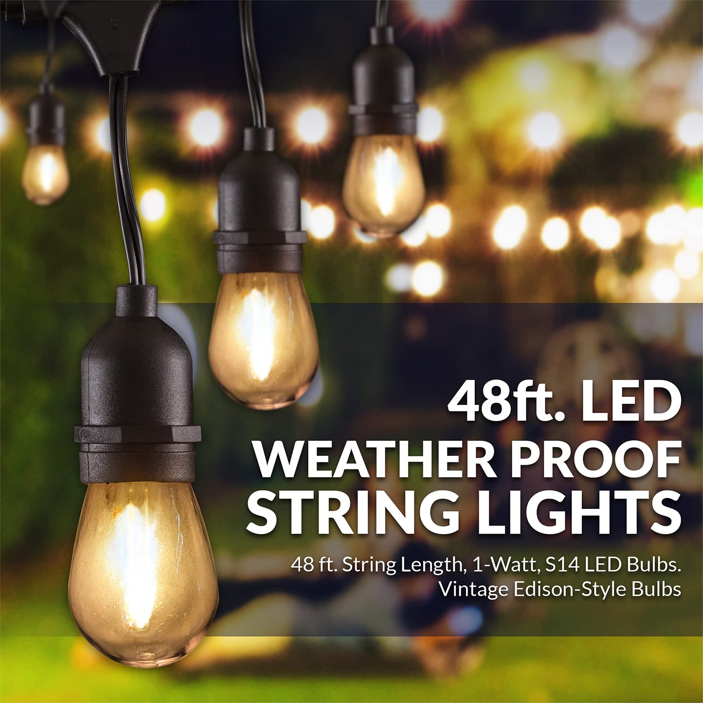 Newhouse Lighting LED String Lights, Dimmable, 48ft, 16 Bulbs, Weatherproof, Black, Model CSTRINGLEDDIM