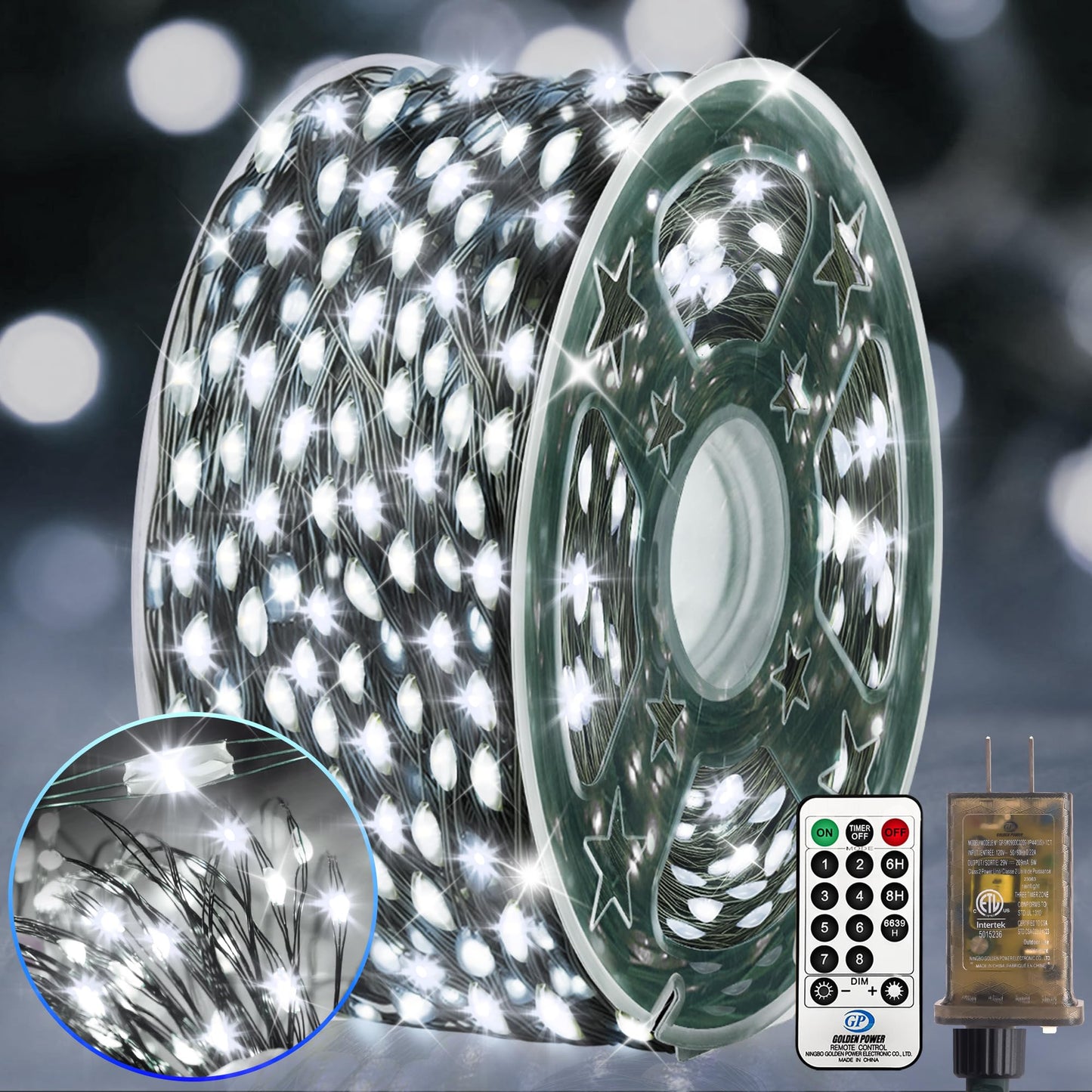 KNONEW 400FT Outdoor Christmas Fairy Lights, 1200 LED, Waterproof, 8 Modes, Cool White, Green Wire, Model KN-1000-LIG168-01