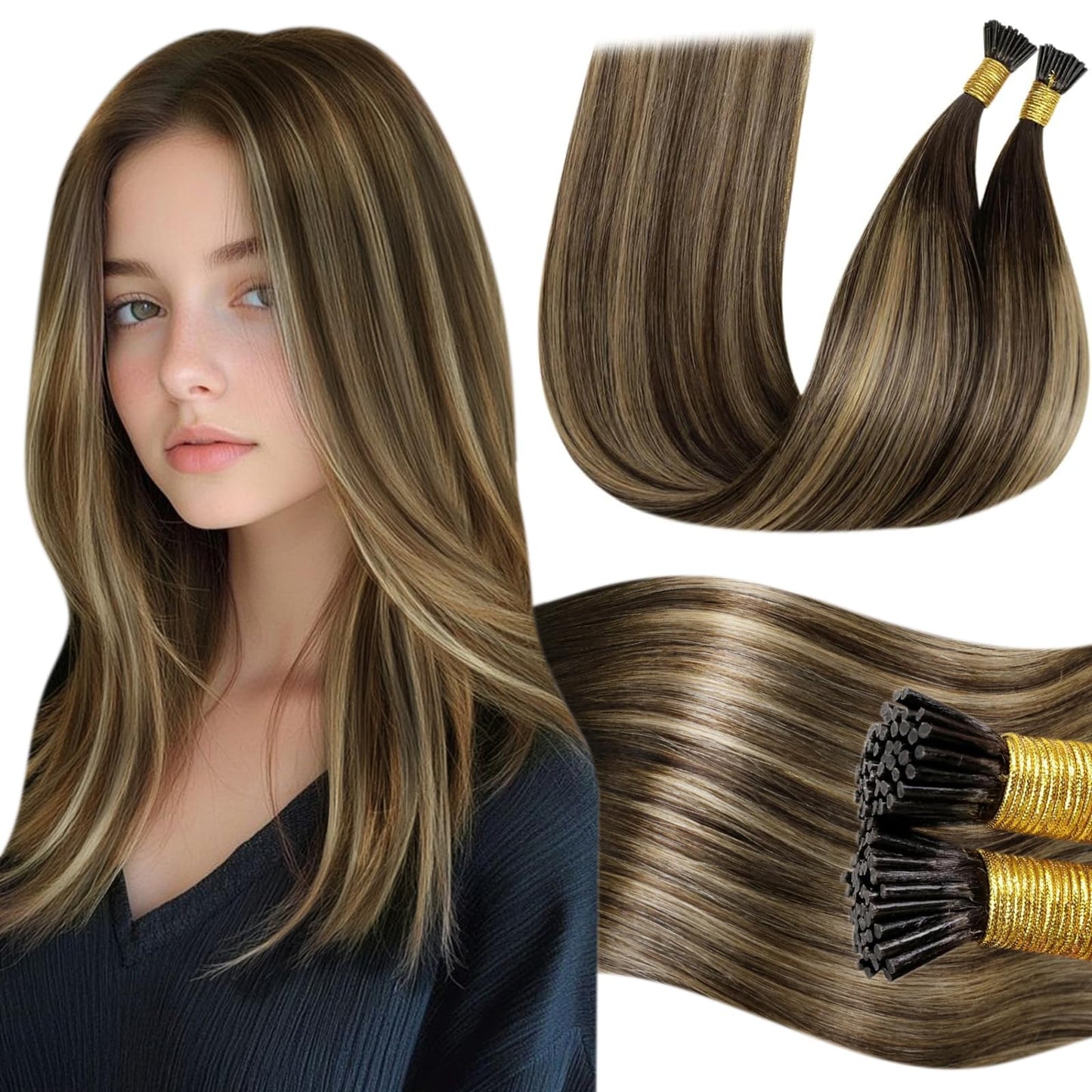 LaaVoo Itip Human Hair Extensions Balayage I Tip Hair Extensions Human Hair Balayage Dark Brown to Caramel Brown I Tips Hair Ext