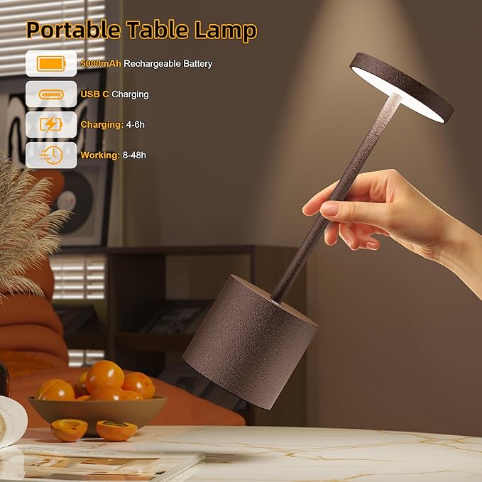 Cordless Table Lamps Rechargeable - Outdoor Waterproof LED Table Light Portable 5000mAh Battery Operated Lamp 3 Color Stepless Dimming with Memory Function for Restaurant Dining Patio Rust
