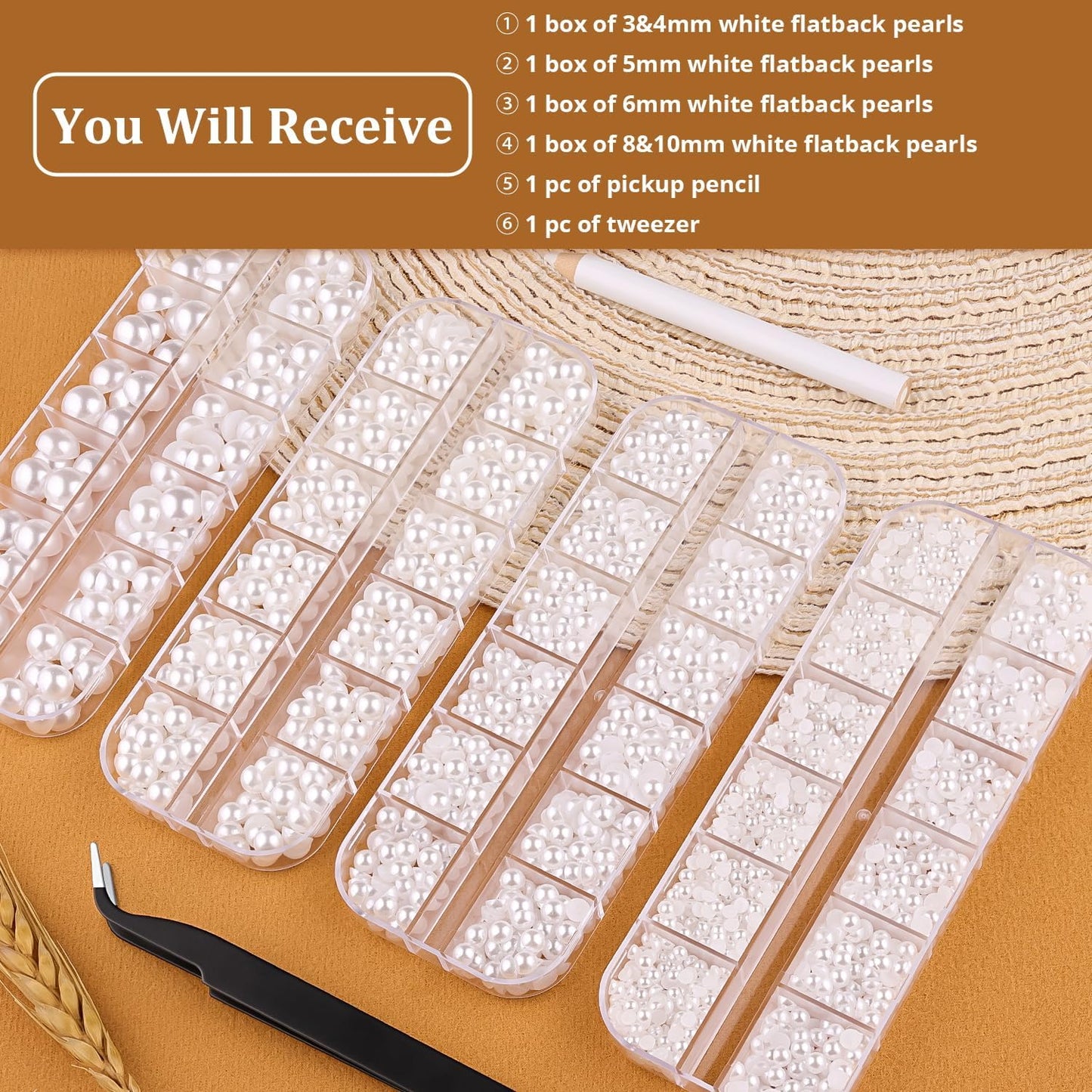 4 Boxes Flat Back Pearls Kit 1 Flatback White Half Round Pearls 3-10mm with Pickup Pencil and Tweezer for Home DIY and Professio