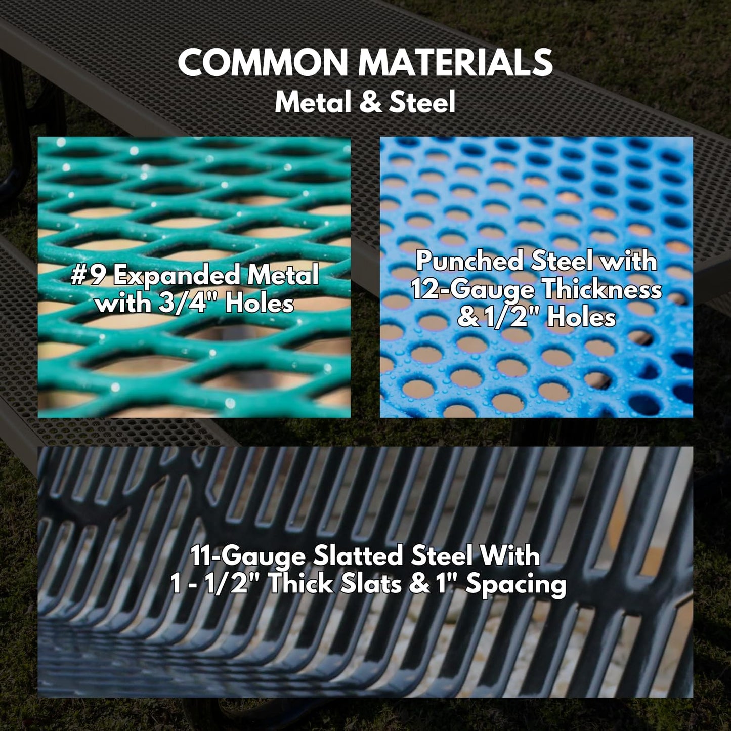 Heavy-Duty Outdoor Bench Thermoplastic Coated, Punched Steel, Commercial-Grade Garden Bench, Made in America (Portable with Back, 4 Ft, Textured Light Blue)