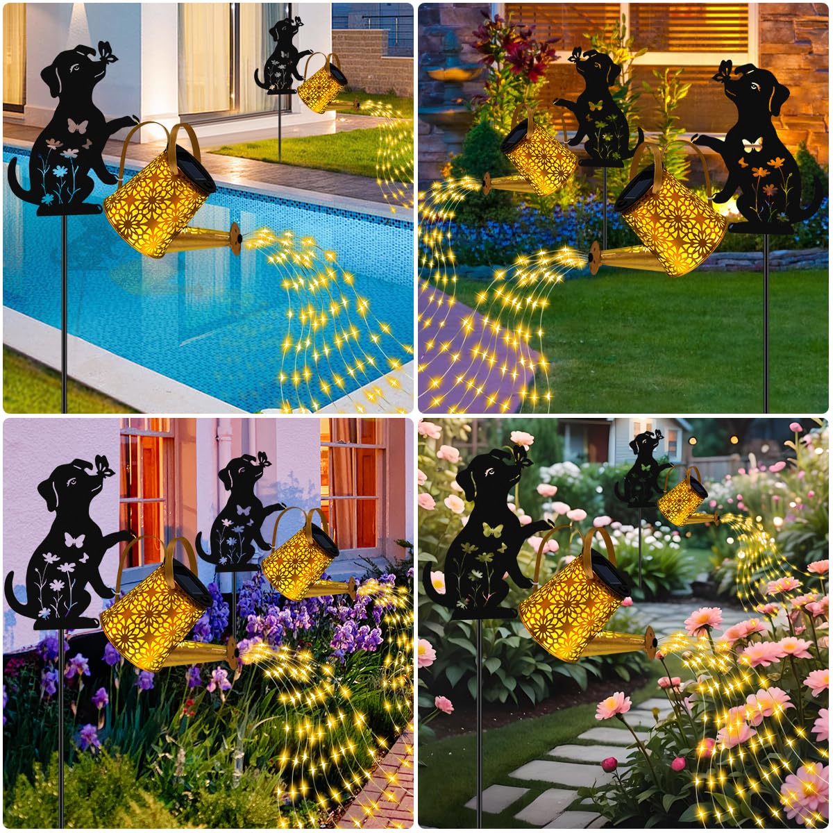 Solar Lights Outdoor Decorative  Watering Can With Cascading Lights  With Dog Silhouette Garden Stakes  Waterproof Metal Garden Decor For Yard Art  Outside  Patio  Lawn Ornaments(1 Pack)