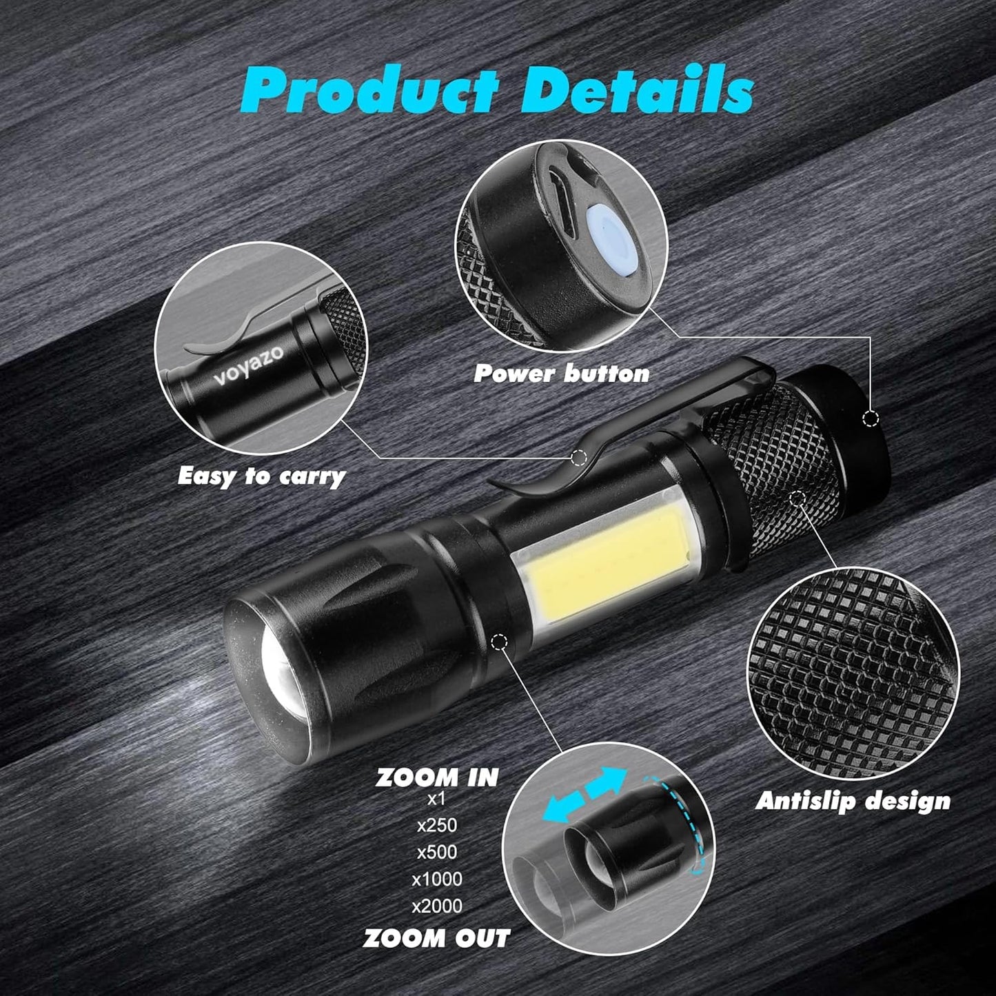 KunHe Mini LED Flashlights 6 Pack, USB Rechargeable, High Lumens, Anodized Aluminum, Black, Model 8593c