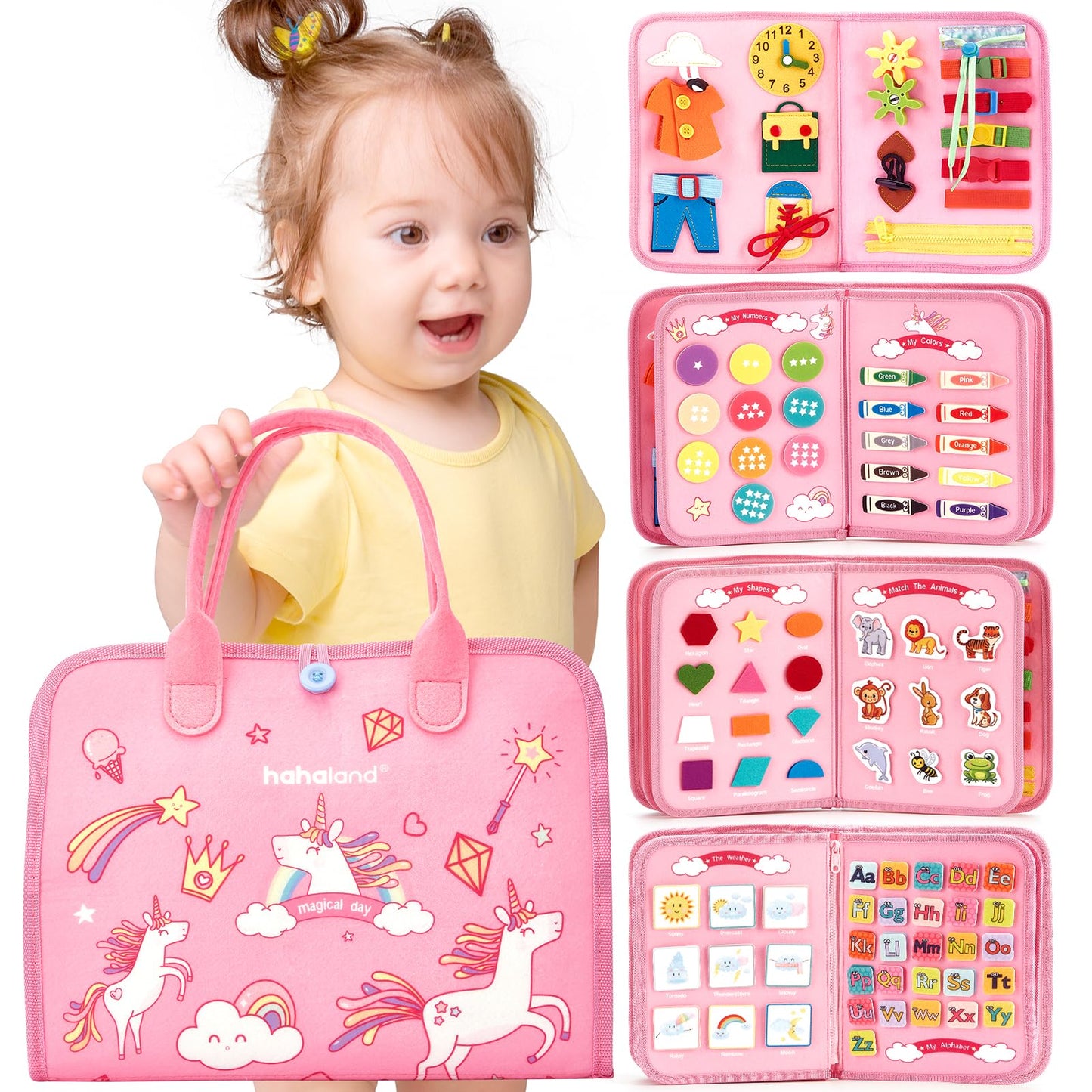 hahaland Toddler Busy Board Montessori Toys, 3 Year Old Girl Gifts Preschool Educational Learning Toys with Life Skills, Alphabet, Number, Shape, Color, Toddler Girl Stocking Stuffers Travel Busy Book