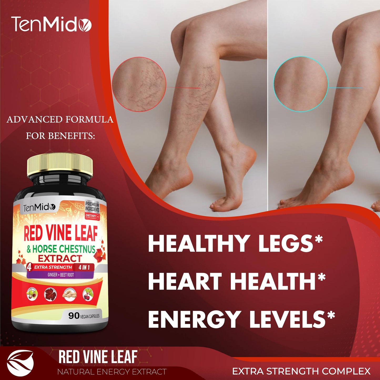 Tenmido Red Vine Leaf Extract Capsules - with Horse Chestnut, Beet Root, Ginger - Herbal Supplement for Heart, Leg Vein & Energy - 90 Vegan Capsules for 45 Days
