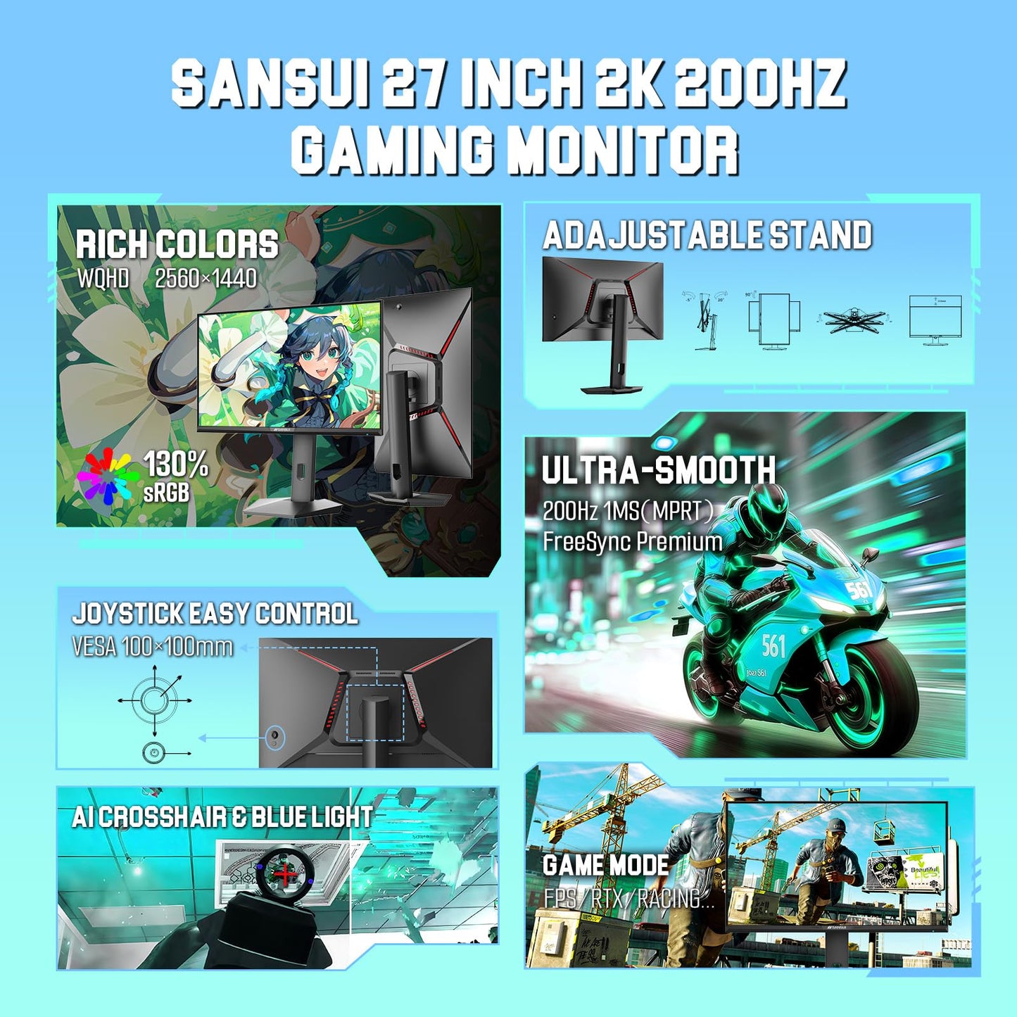 SANSUI 27 inch WQHD 200Hz 180Hz Gaming Monitor 2560×1440P-AMD FreeSync 1ms DCI-P3 95% Fast IPS Computer Monitor,Height Adjustable Vertical/Horizontal Rotating, 2×DisplayPort/HDMI 丨HDR丨Low Motion Blur