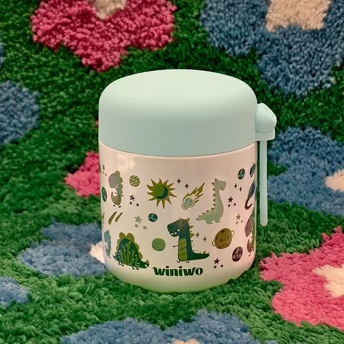 12oz Insulated Food Jar for Kids, Easy Carry, Wide Mouth, Thermos for Hot Food, Soup, Salad, Sandwich, School Lunches (Green-Dinosaur)