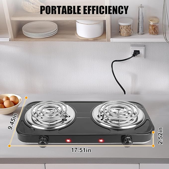Double Hot Plate, 2000W Portable Countertop Burner & Electric Stove, 5-Level Temp Cast Iron Double Burner Cooktop for Home/RV/Camping (Black)