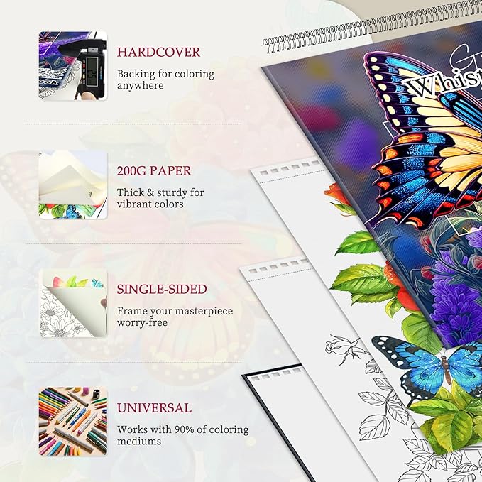 Hardcover Adult Coloring Book for Women Relaxation, 50 Patterns Spiral Bound Mindfulness Butterfly Coloring Books for Adult with 36 Dual-tip Markers, Inspirational Coloring Books Set Gift for Women